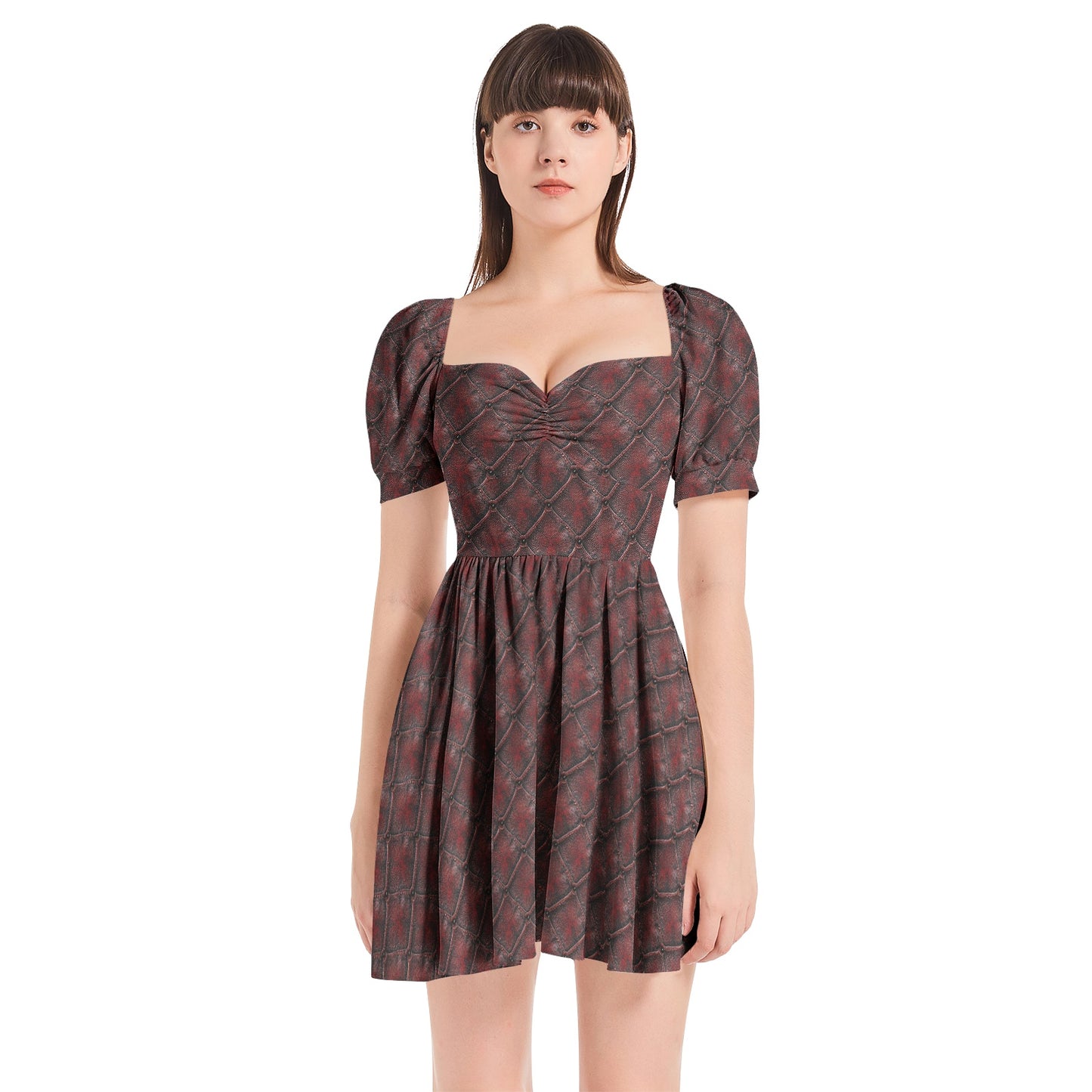 CRACKED LEATHER TEXTURES SOFIA Puff Sleeve Sweetheart Neck Short Dress