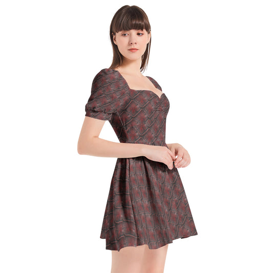 CRACKED LEATHER TEXTURES SOFIA Puff Sleeve Sweetheart Neck Short Dress