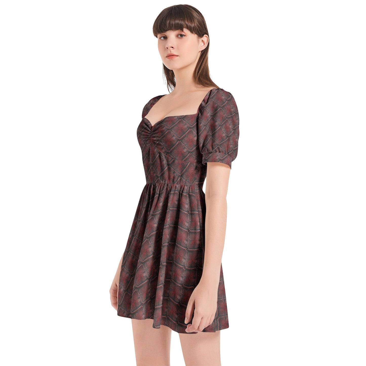 CRACKED LEATHER TEXTURES SOFIA Puff Sleeve Sweetheart Neck Short Dress
