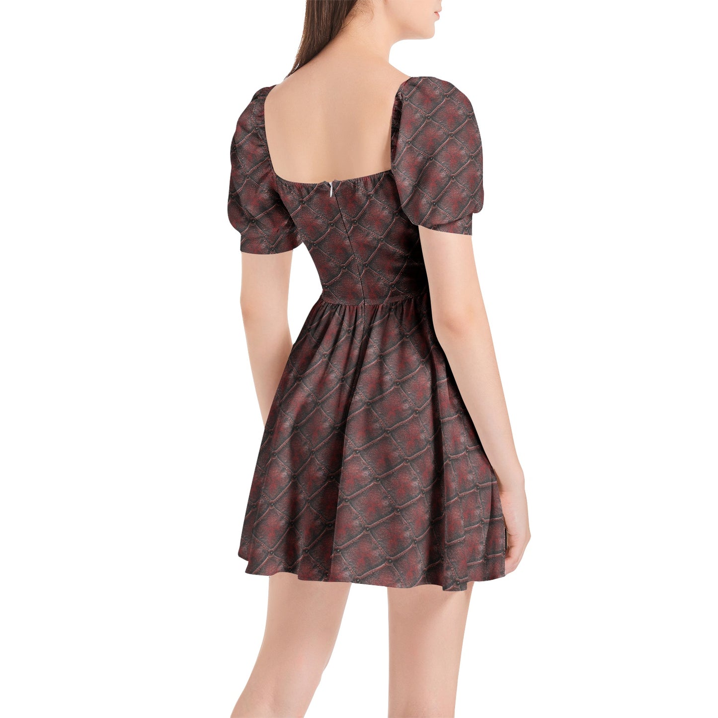 CRACKED LEATHER TEXTURES SOFIA Puff Sleeve Sweetheart Neck Short Dress