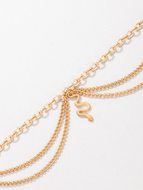 Anklet Gold Snake Heart Chain Tassel Pendant 3-layer Piece Jewelry
