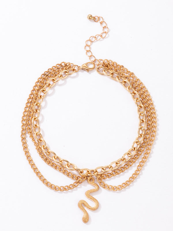 Anklet Gold Snake Heart Chain Tassel Pendant 3-layer Piece Jewelry