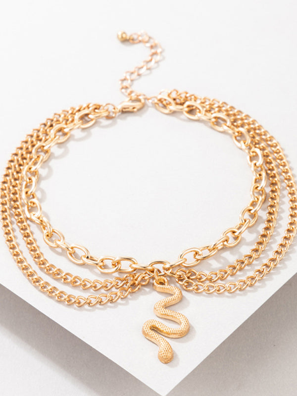 Anklet Gold Snake Heart Chain Tassel Pendant 3-layer Piece Jewelry