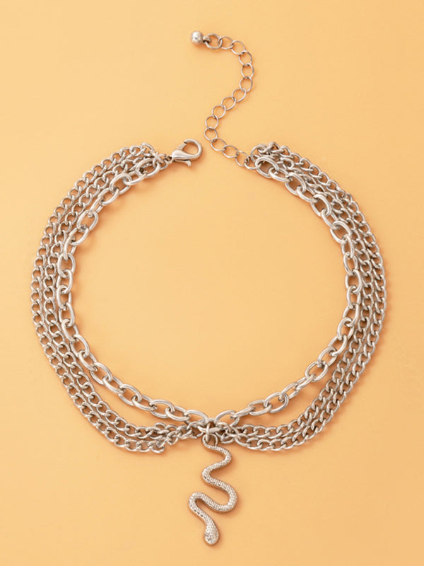 Anklet Gold Snake Heart Chain Tassel Pendant 3-layer Piece Jewelry