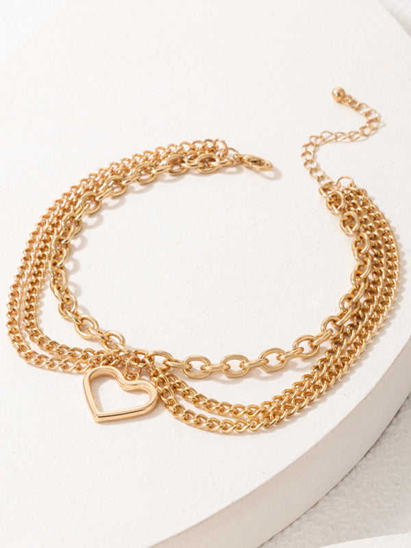 Anklet Gold Snake Heart Chain Tassel Pendant 3-layer Piece Jewelry