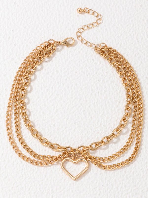Anklet Gold Snake Heart Chain Tassel Pendant 3-layer Piece Jewelry