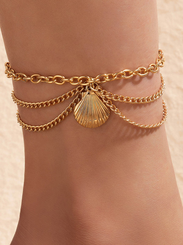 Anklet Gold Snake Heart Chain Tassel Pendant 3-layer Piece Jewelry