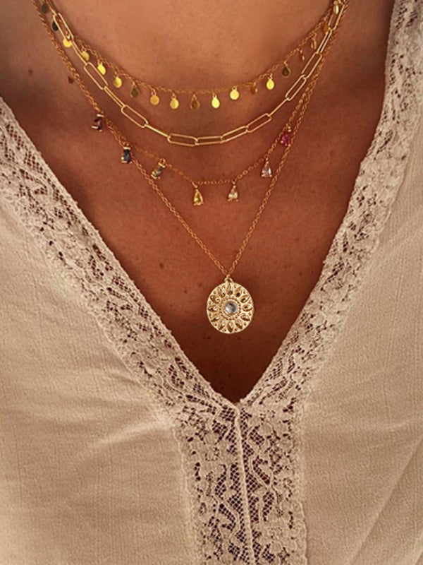 Necklace Geometric Disc Alloy Buckle Rhinestone Tassel Disc Pendant 4-layer Jewelery