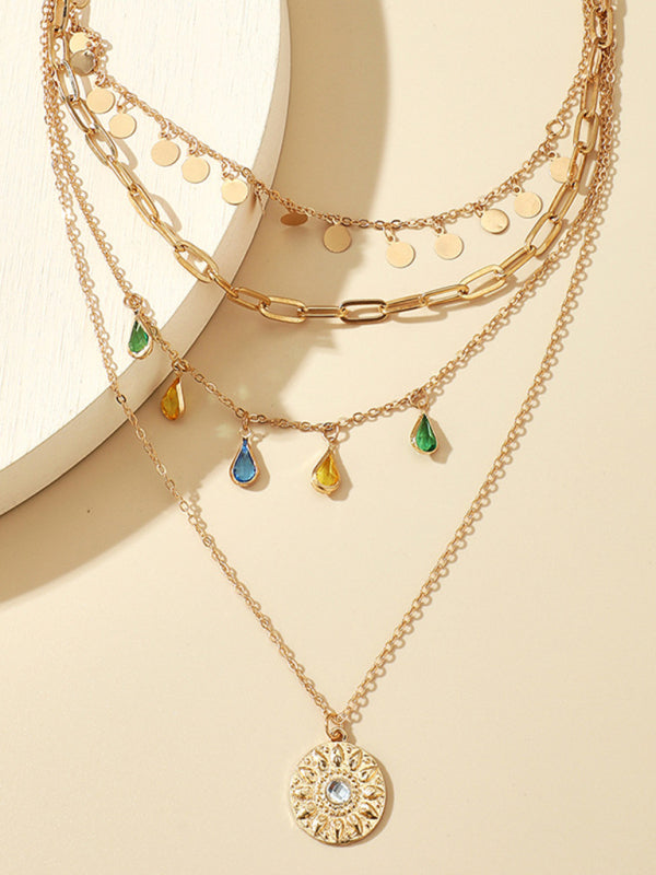 Necklace Geometric Disc Alloy Buckle Rhinestone Tassel Disc Pendant 4-layer Jewelery