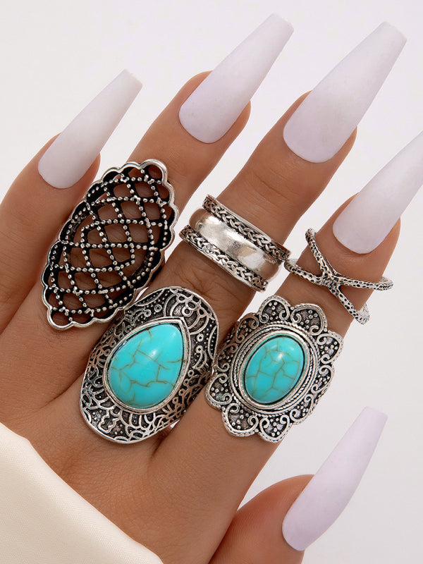 Ring Set Exaggerated Personality Retro Drip Oil Cross Hollow 5-Set Combination Jewelry