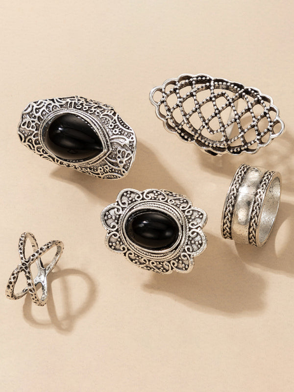 Ring Set Exaggerated Personality Retro Drip Oil Cross Hollow 5-Set Combination Jewelry