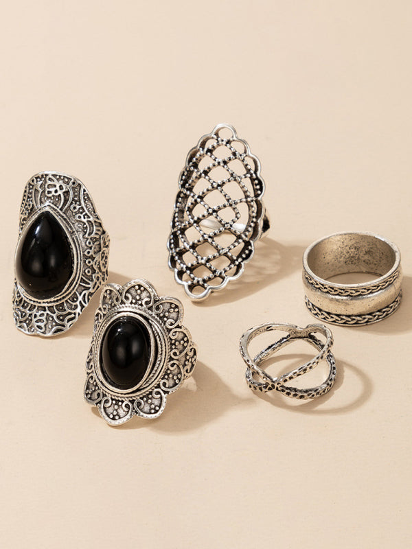 Ring Set Exaggerated Personality Retro Drip Oil Cross Hollow 5-Set Combination Jewelry