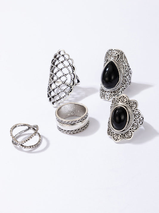 Ring Set Exaggerated Personality Retro Drip Oil Cross Hollow 5-Set Combination Jewelry