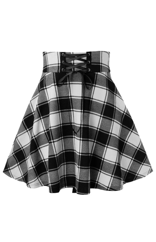 Lace Up Waist Plaid Pattern Print Skirt