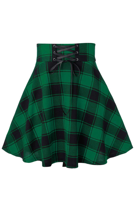 Lace Up Waist Plaid Pattern Print Skirt