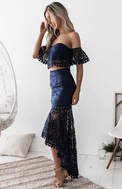 Lace Off Shoulder Midriff and Skirt Set