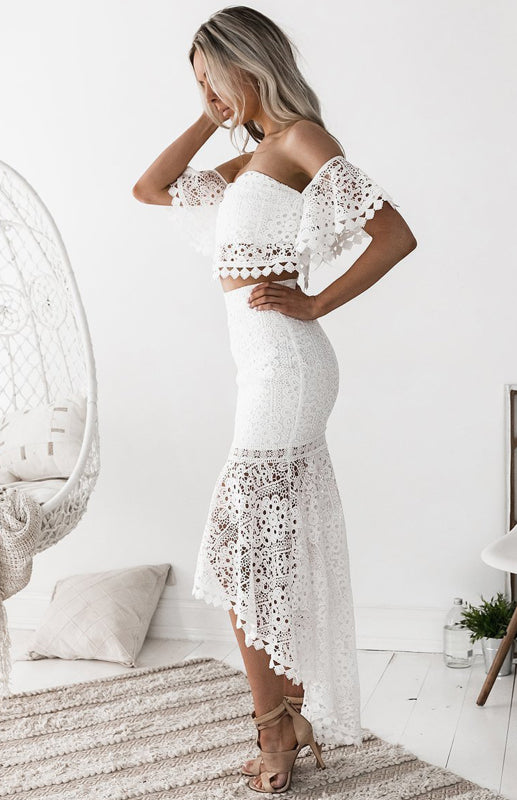Lace Off Shoulder Midriff and Skirt Set