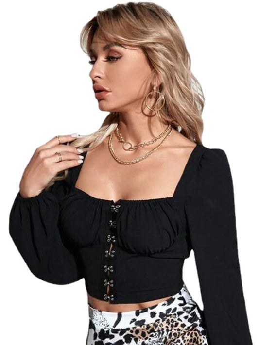 Bubble sleeve buckle up long sleeve top