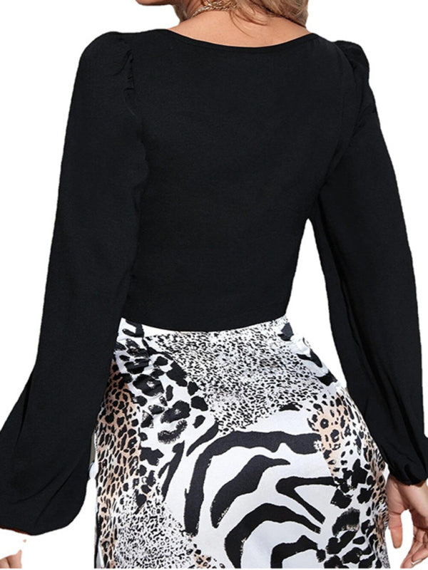 Bubble sleeve buckle up long sleeve top