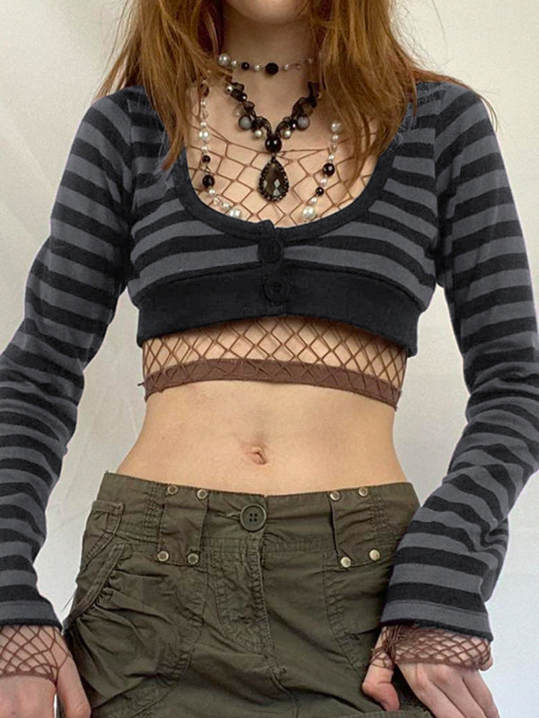 Licorice Sripes Longsleeve Button Midriff Top