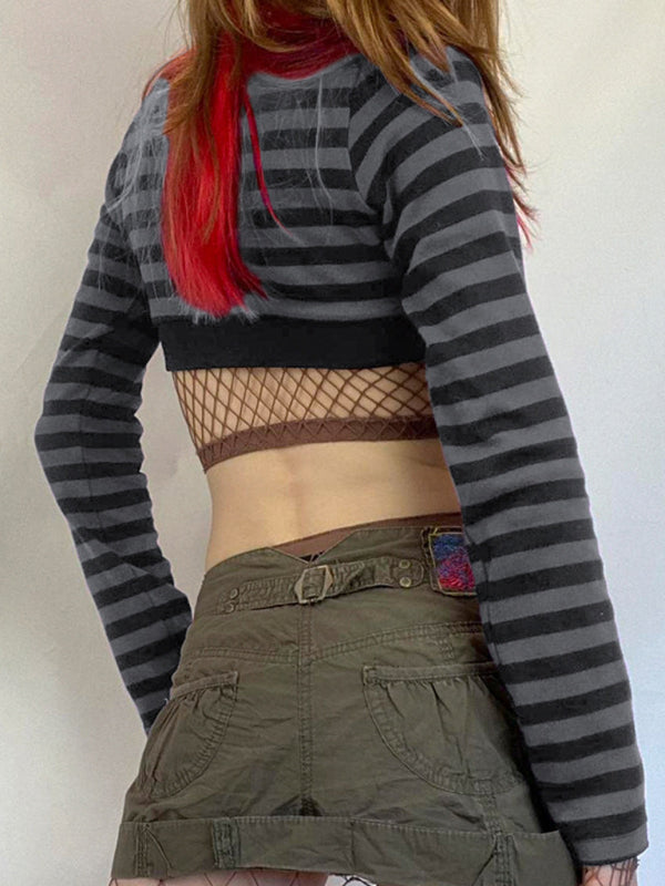 Licorice Sripes Longsleeve Button Midriff Top
