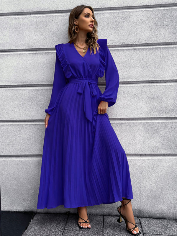 Vintage Pleated Long Sleeve Maxi Dress With Waist Tie