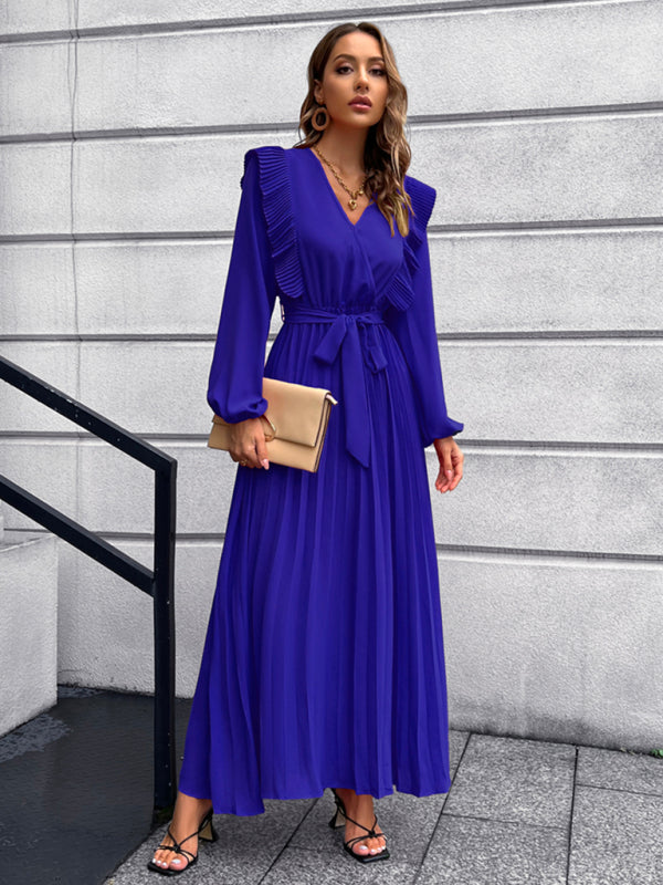 Vintage Pleated Long Sleeve Maxi Dress With Waist Tie