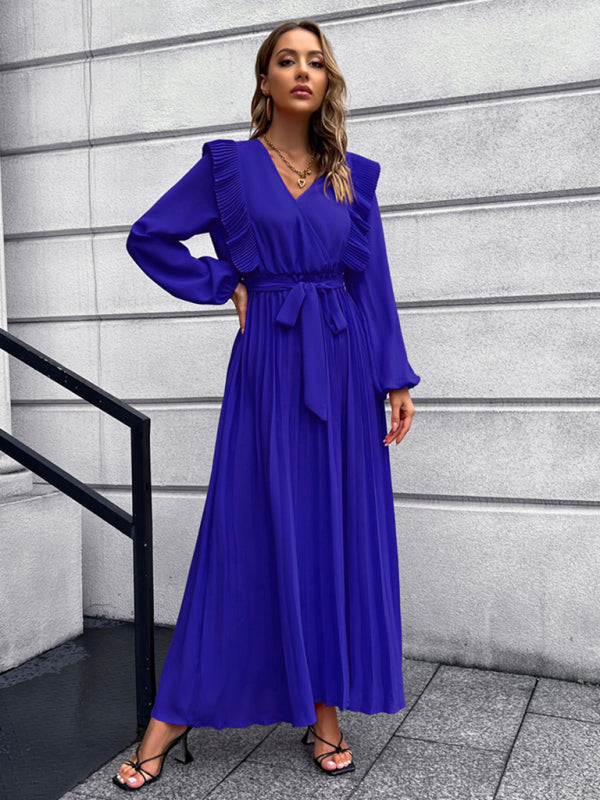 Vintage Pleated Long Sleeve Maxi Dress With Waist Tie
