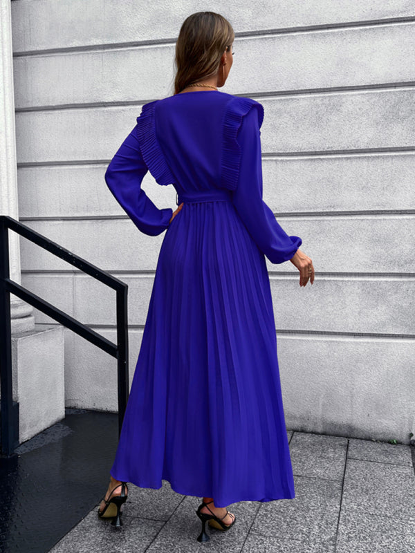Vintage Pleated Long Sleeve Maxi Dress With Waist Tie