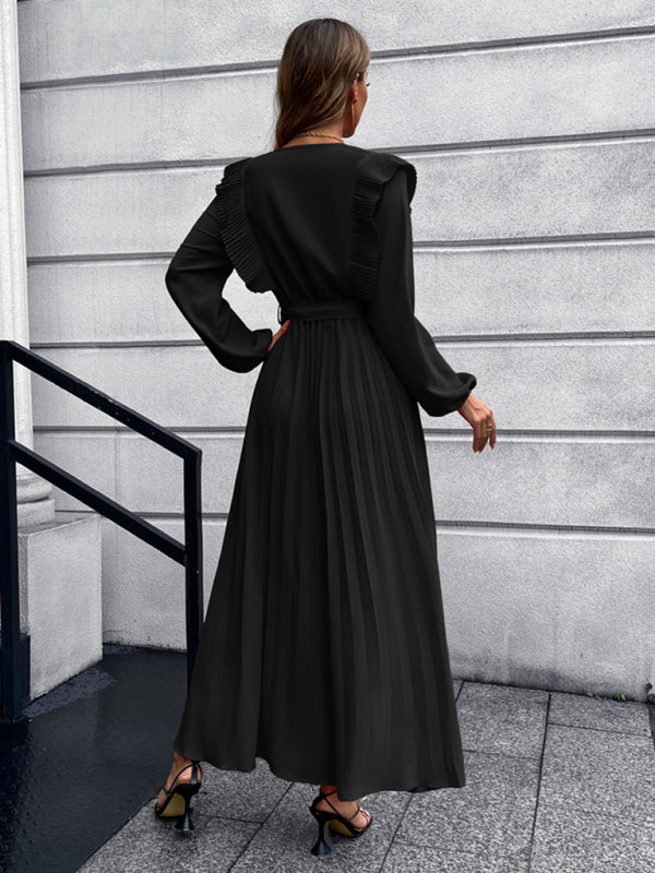 Vintage Pleated Long Sleeve Maxi Dress With Waist Tie