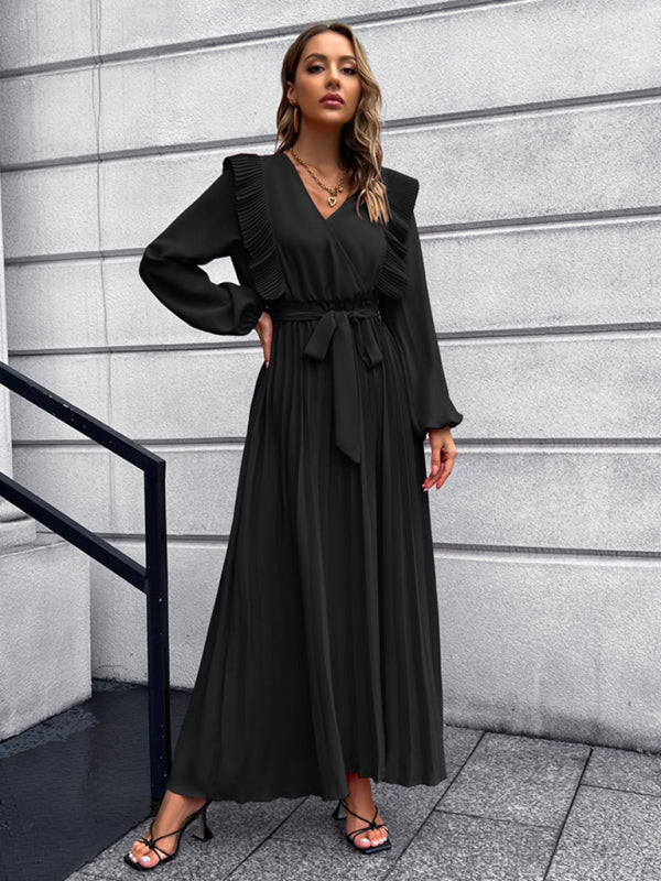 Vintage Pleated Long Sleeve Maxi Dress With Waist Tie