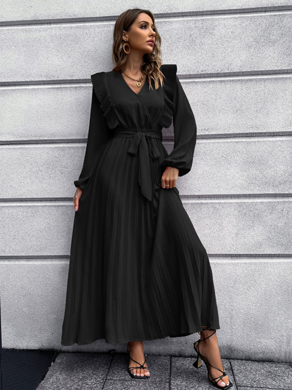 Vintage Pleated Long Sleeve Maxi Dress With Waist Tie