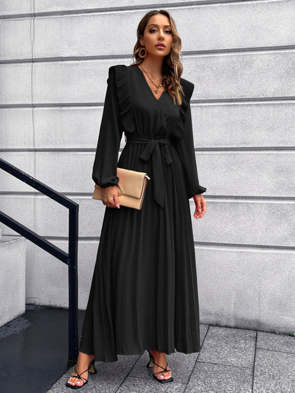 Vintage Pleated Long Sleeve Maxi Dress With Waist Tie