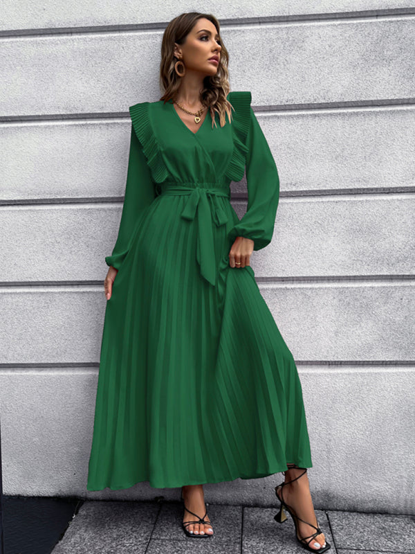 Vintage Pleated Long Sleeve Maxi Dress With Waist Tie