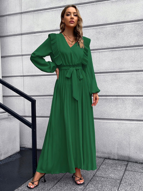 Vintage Pleated Long Sleeve Maxi Dress With Waist Tie
