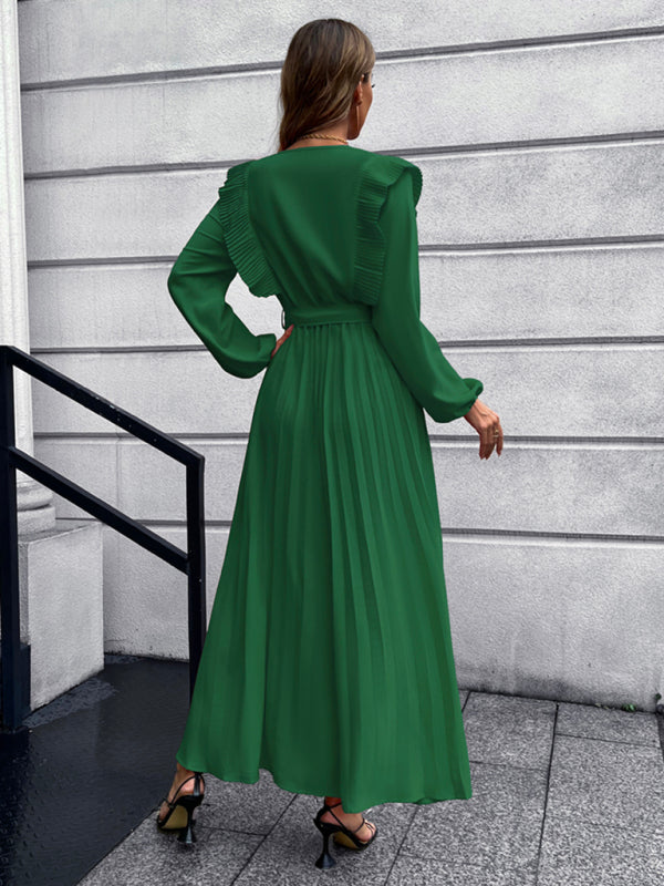 Vintage Pleated Long Sleeve Maxi Dress With Waist Tie