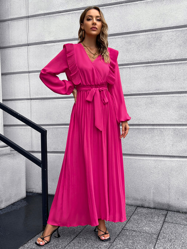 Vintage Pleated Long Sleeve Maxi Dress With Waist Tie