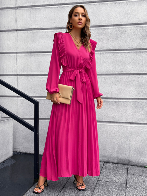 Vintage Pleated Long Sleeve Maxi Dress With Waist Tie