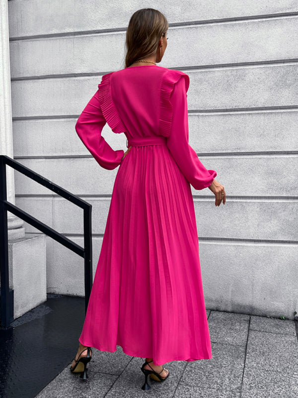 Vintage Pleated Long Sleeve Maxi Dress With Waist Tie