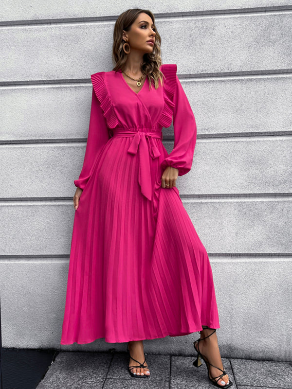 Vintage Pleated Long Sleeve Maxi Dress With Waist Tie