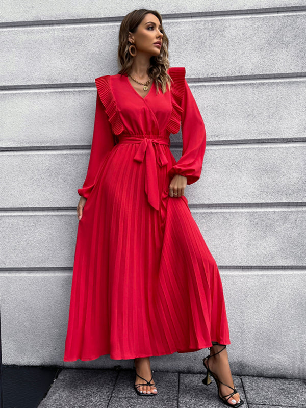 Vintage Pleated Long Sleeve Maxi Dress With Waist Tie