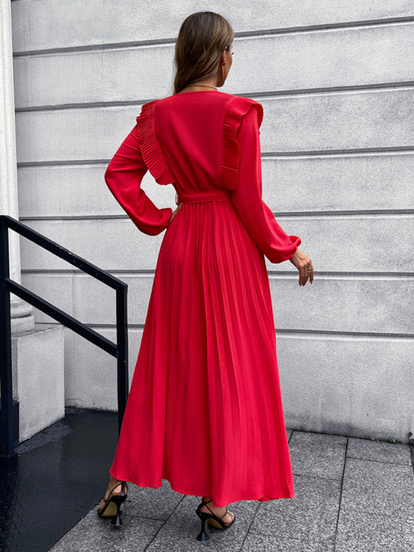 Vintage Pleated Long Sleeve Maxi Dress With Waist Tie