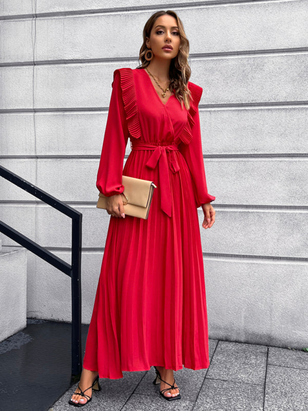 Vintage Pleated Long Sleeve Maxi Dress With Waist Tie