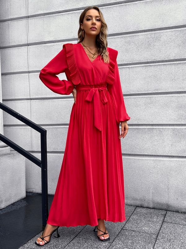 Vintage Pleated Long Sleeve Maxi Dress With Waist Tie