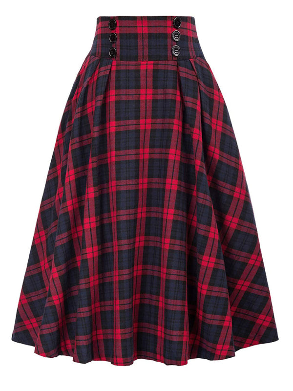 Tartan Victorian Buttons High Waist Midi Skirt