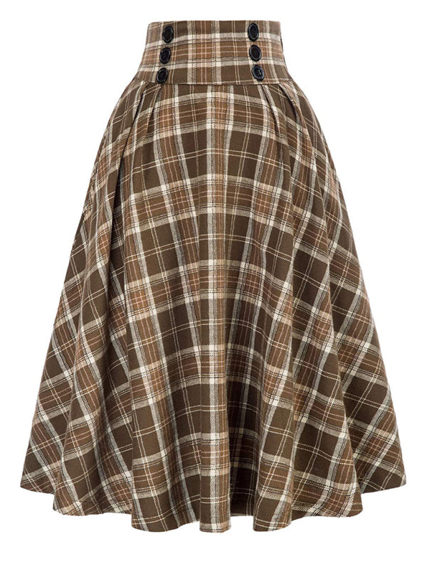 Tartan Victorian Buttons High Waist Midi Skirt