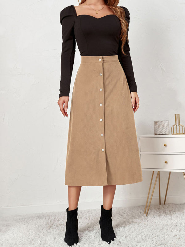 Corduroy Button Front A-Line Midi Skirt