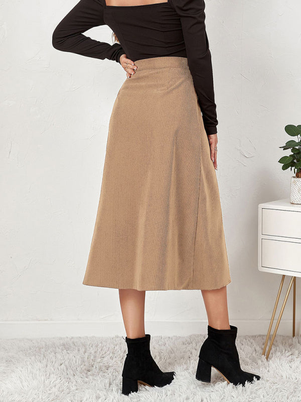 Corduroy Button Front A-Line Midi Skirt
