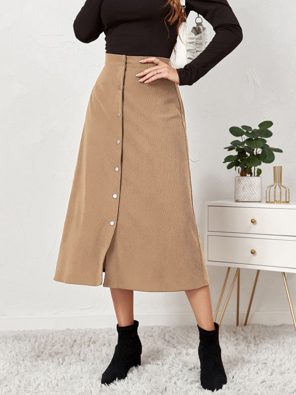 Corduroy Button Front A-Line Midi Skirt