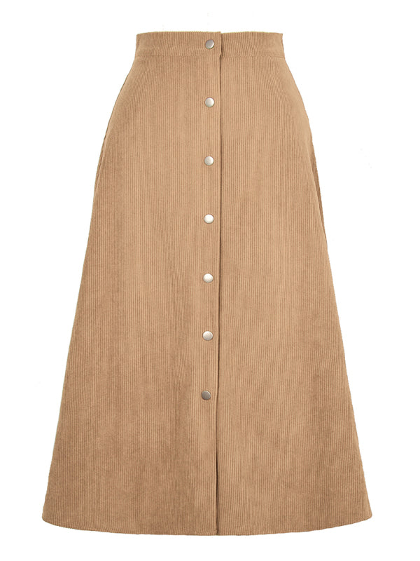Corduroy Button Front A-Line Midi Skirt